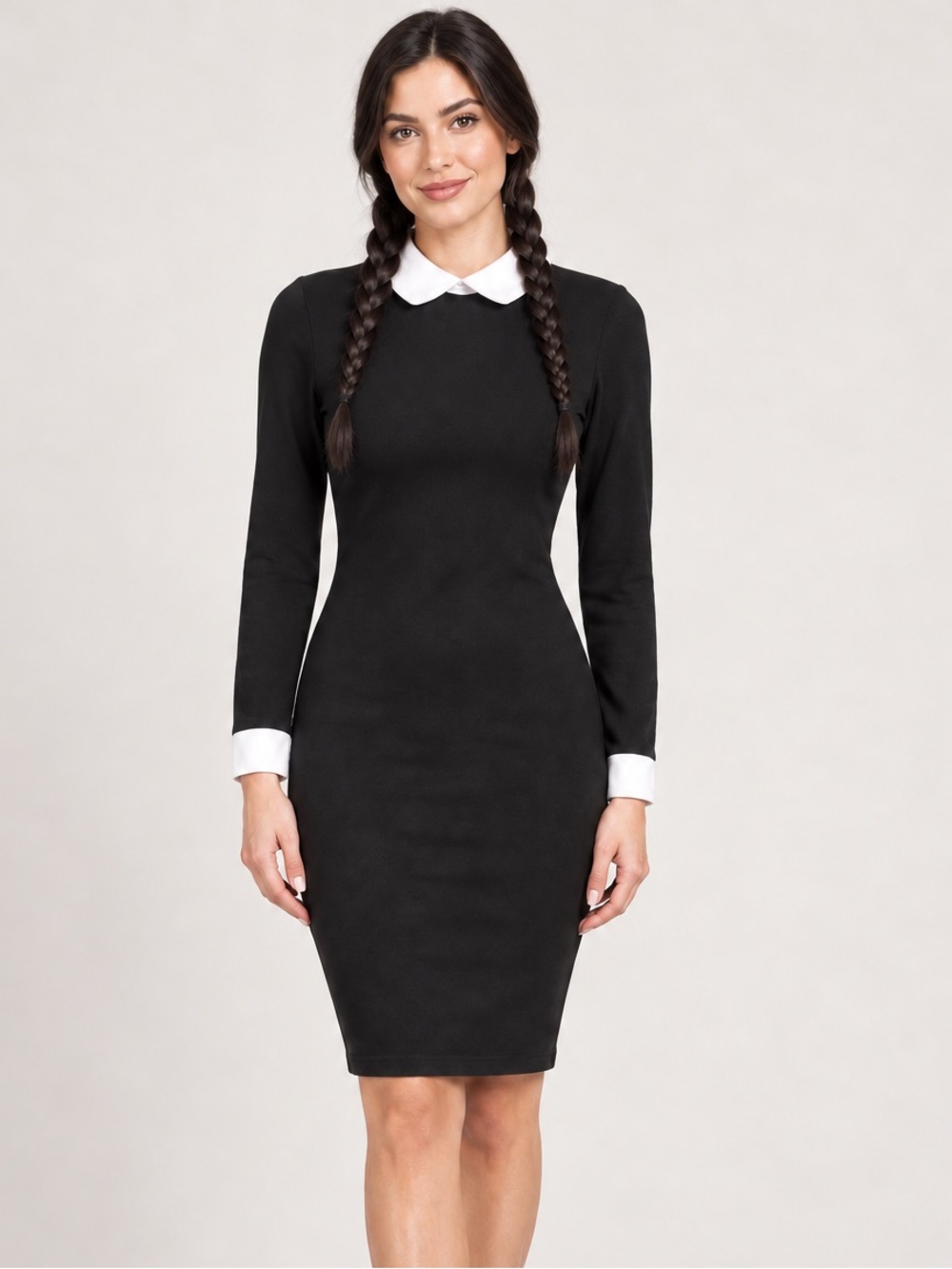MIUSOL Black White Collar Long Sleeve Bodycon Midi Dress Gothic Dark Academia S